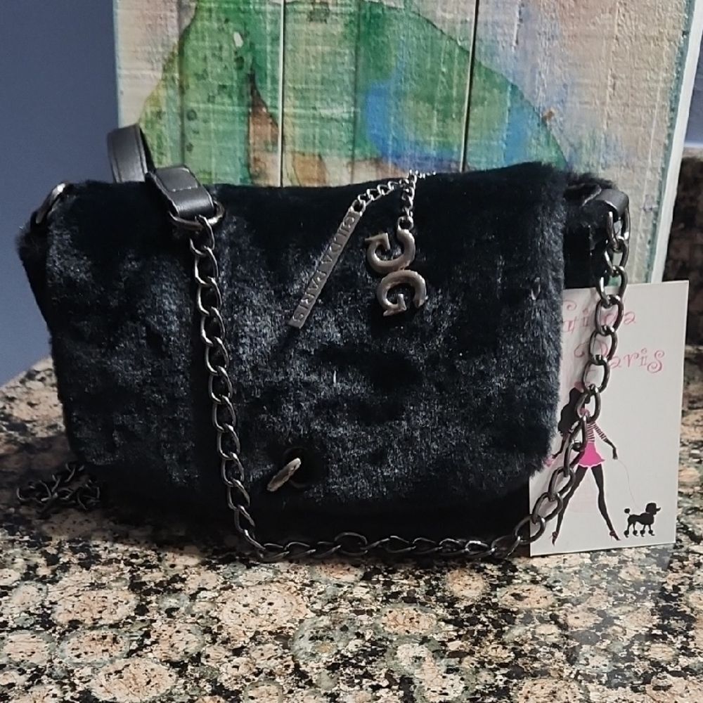 Gilda Paris Black Fur Shoulder Bag with Bag Charm